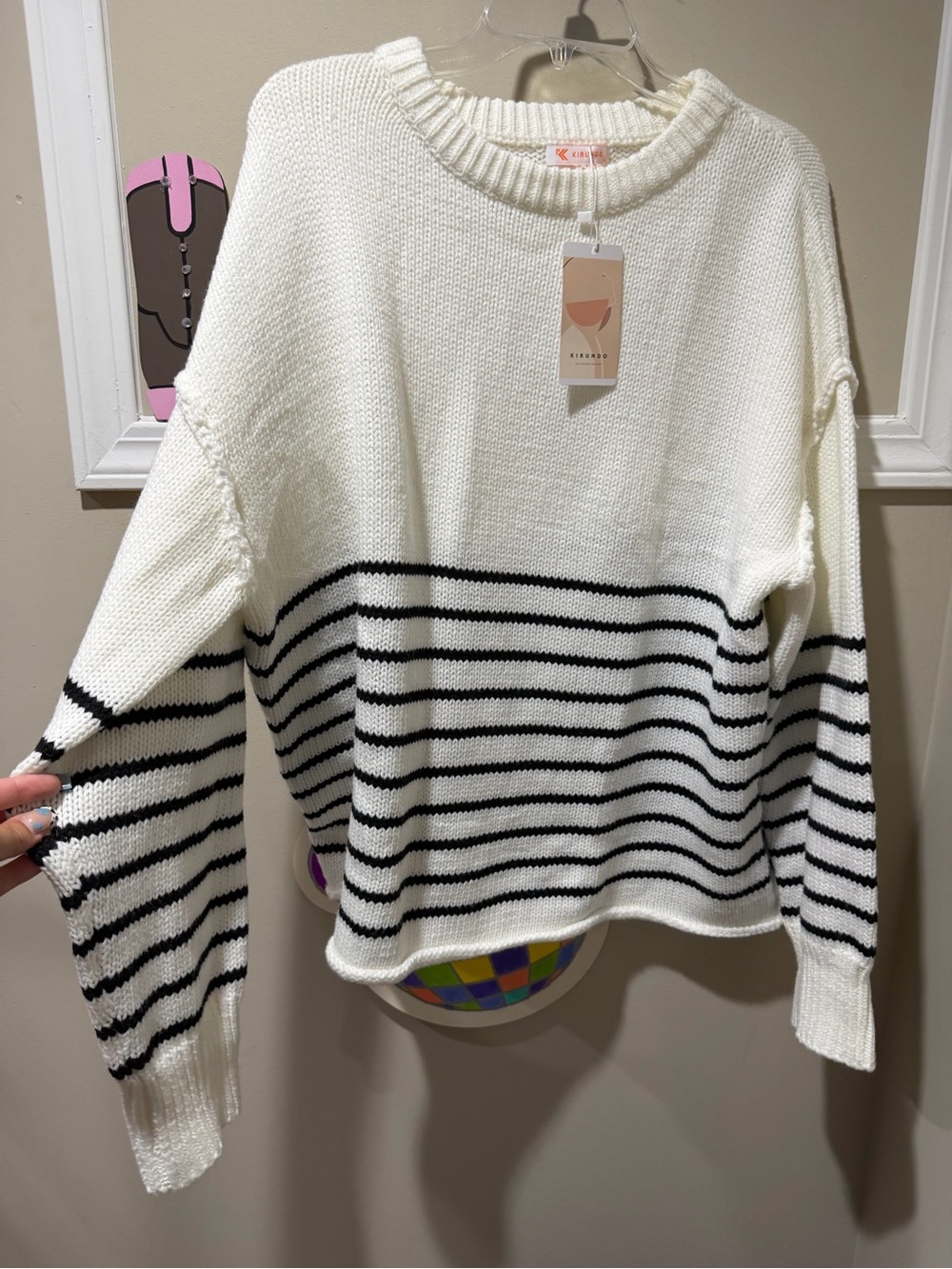 Crescent White Crewneck Sweater with Black Stripes